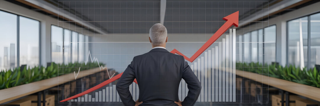 Businessman analyzing graph of drastic increase stock market or economy concept high price import export tax or tariff illustration