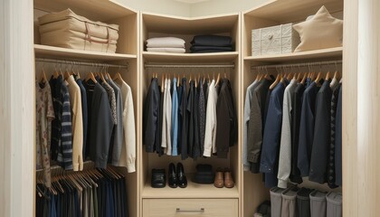 Organized Walk-in Closet with Neatly Arranged Clothes and Accessories