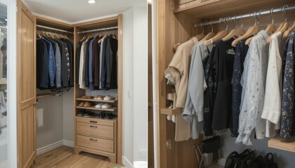 Spacious Wooden Closet with Organized Clothes and Shoes Display