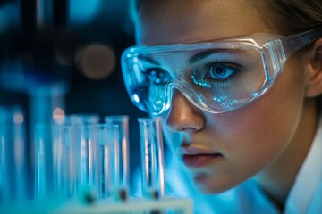 A focused young scientist in protective eyewear closely observes test tubes filled with colorful liquids in a dimly lit laboratory environment Generative AI