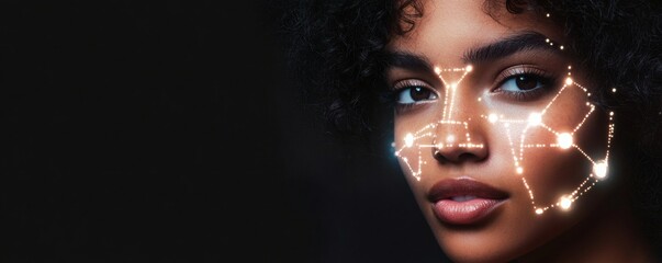 Beautiful woman with facial recognition technology overlay on face