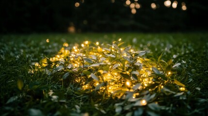 Enchanting Fairy Lights in Lush Green Grass at Twilight