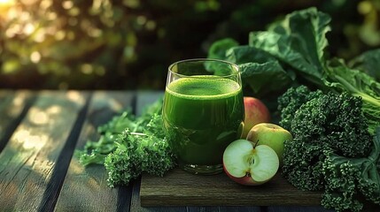 A Glass of Green Juice Surrounded by Fresh Greens on a Wooden Background  