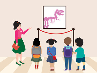 kids children friends visit museum watch painting illustration clipart