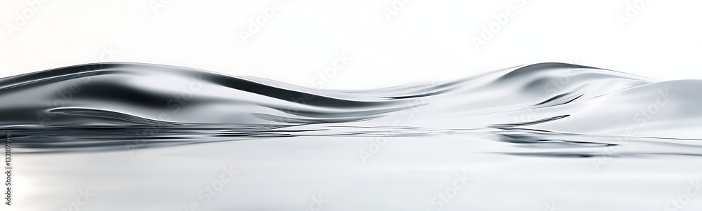 Poster fluid metallic waves create a serene, abstract landscape against a light background.