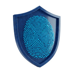 3D Cybersecurity shield with fingerprint pattern integrated digital cyber protection PNG Generative AI