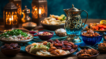 A traditional Ramadan iftar table with dates, water, and delicious Middle Eastern dishes, set under lantern lights.