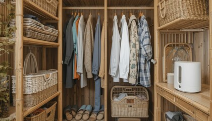 Cozy and Organized Bamboo Wardrobe with Natural Textures and Colors