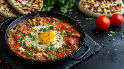 Fototapeta premium Menemen Dish on Sleek Black Tabletop with Fresh Ingredients and Bread in Background