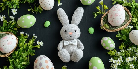 A stuffed rabbit surrounded by colorful Easter eggs on a festive table setting.
