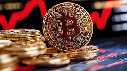 Bear market coin graph analysis Bitcoin coins on a stock chart with fluctuating values in the background.