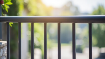 Fototapeta premium A balcony handrail with a blurred background of greenery and sunlight.