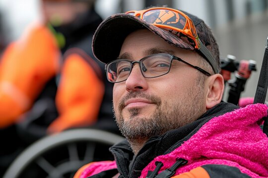 The image showcases a close-up of a man, likely a wheelchair user, with a hopeful expression, potentially participating in adaptive rock climbing training The focus is on his face, highlighting