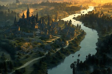 Naklejka premium Medieval castle overlooking a river valley at dawn, with fog, for fantasy artwork