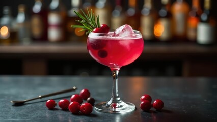 Refreshing Cranberry Rosemary Cocktail Garnished with Ice Cubes on a Dark Bar Top