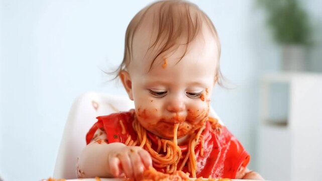 A baby is eating spaghetti and is covered in sauce