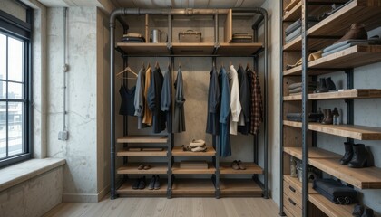 Modern Industrial Closet Design with Stylish Clothes and Accessories