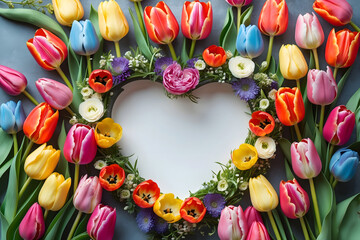 Colorful tulips in a floral arrangement as frame as Heart-shape.