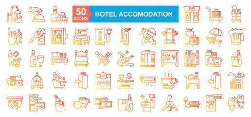 Hotel Accomodation Icon Sheet Shower, Desk Bell, Spa, Restaurant, Luggage Cart, Nightstand, Cleaning Gloves, Room Key, Minibar, Conference Room, Charging Battery, Safety, Karaoke, Gym, Luggage, Sunbed