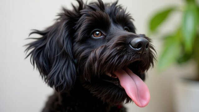 A black aussiedoodle with a fluffy coat and tongue out, looking to the side.
