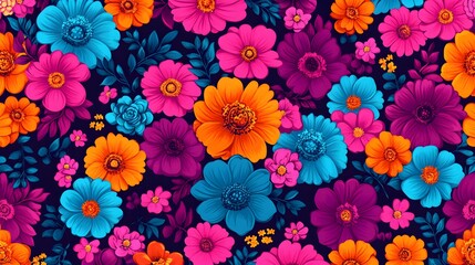 A colorful floral pattern depicts vibrant blossoms against darkness