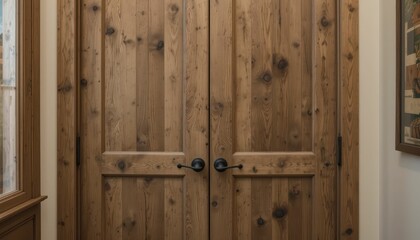 Obraz premium Rustic Wooden Double Doors with Grain Texture and Knob Handle