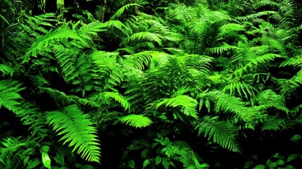 Lush Green Fern Foliage in a Dark Forest Setting
