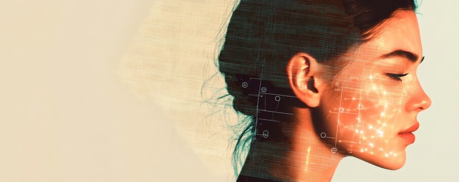 A womans face with digital and technical overlay