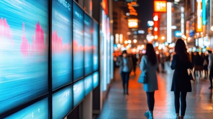 Fototapeta premium Night City Street with Bright Digital Displays and Walking People