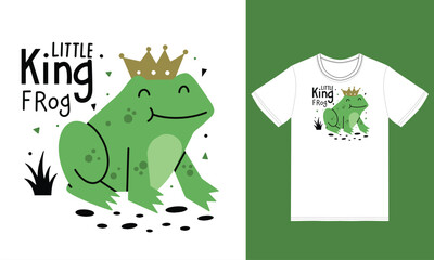 Cute little king frog illustration with tshirt design premium vector