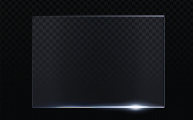 Glass pane vector, square shape with light reflection at the bottom edge.  Realistic transparent material with subtle highlights.  Dark checkered background overlay.  Modern, sleek design. 