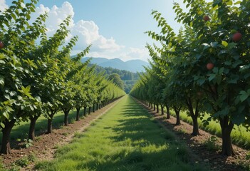 Naklejka premium Scenic Orchard Pathway with Lush Trees and Mountains in Background