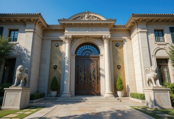 Fototapeta premium Grand Entrance of Luxurious Mansion with Stone Lions and Blue Sky