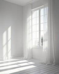Fototapeta premium Minimalist bright empty room with white wooden floor, sunlight through large window with sheer curtains, clean interior design, modern open space, soft natural lighting, peaceful atmosphere