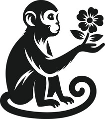 Black vector of a monkey offering a flower animal silhouette illustration