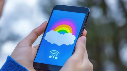 Person Holding Smartphone Displaying Rainbow Cloud Wifi Symbol