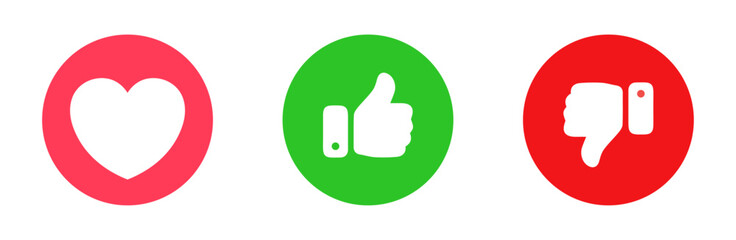 Set of feedback icons with heart, thumbs up, and thumbs down symbols. Colorful circular buttons in red and green. Flat design for social media, rating, reviews, and user interaction. Icons, vector.