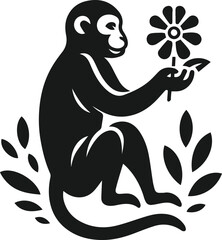 Black vector of a monkey offering a flower animal silhouette illustration