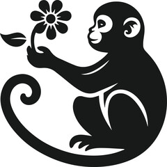 Black vector of a monkey offering a flower animal silhouette illustration