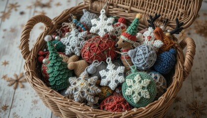 Colorful Handmade Christmas Ornaments in a Woven Basket