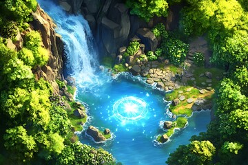 Fototapeta premium Animated waterfall scene with pool, lush forest background, potential fantasy game environment
