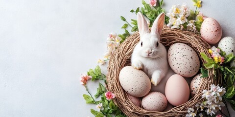 A white rabbit rests in a nest surrounded by colorful Easter eggs.