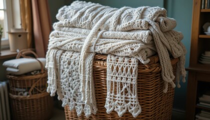 Obraz premium Cozy Knit Blankets Stacked Neatly in a Woven Basket at Home