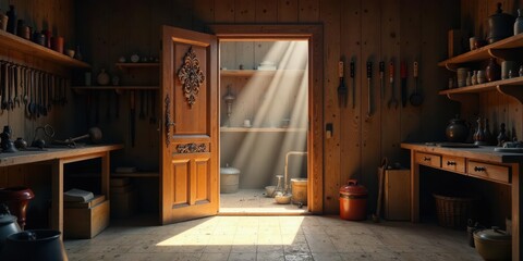 Sunlit Rustic Workshop Interior with Open Door Revealing a Storage Area and Assorted Tools and Utensils