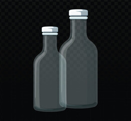Two empty glass bottles vector, different sizes.  Realistic, transparent bottles with white caps.  Dark background overlay.  Simple, clean design.  Perfect for mockups, product packaging visuals