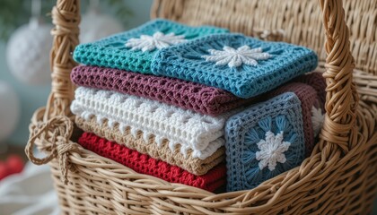 Obraz premium Handmade Crochet Squares in a Woven Basket with Cozy Colors