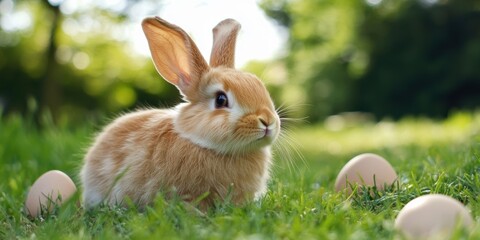 A rabbit rests in grass surrounded by colorful eggs, symbolizing the joy of Easter celebrations.