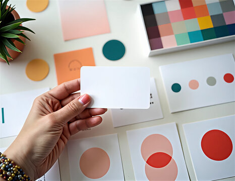 Female hand holding blank white business card mockup with colorful design elements workspace. Creative branding mood board with color palette, swatches, plant. Graphic designer desk flatlay. Mockup