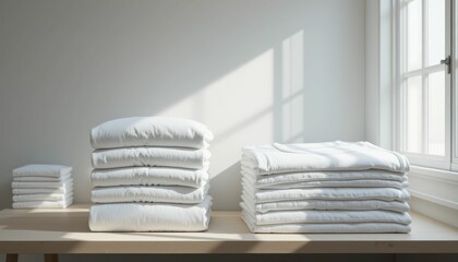 Neatly Folded White Bed Linens on Light Wooden Table in Bright Room