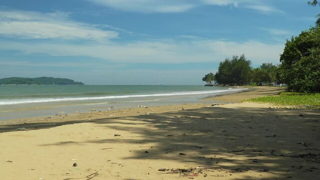 Summer Beautiful View Of Tanjung Aru White Sandy Beach, Small Island, Blue sea water And Green Trees,Sabah,Kota Kinabalu,Malaysia.